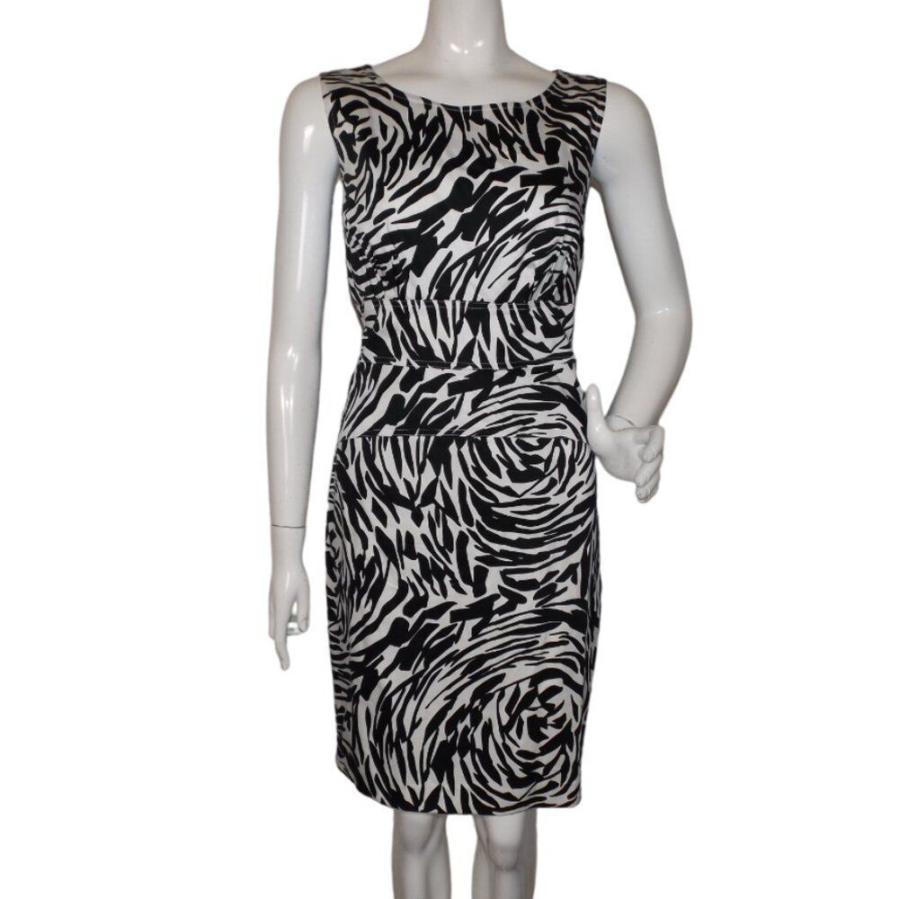 CALVIN KLEIN Dress, 12, Abstract Floral/Zebra, Sleeveless, Career, Black & White